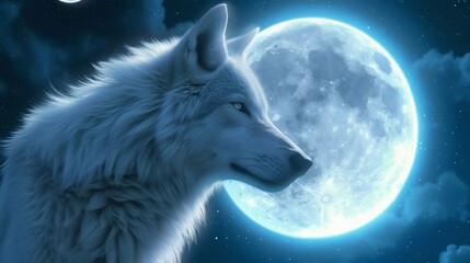 Wall Mural - majestic white wolf howling at the full moon. generative ai