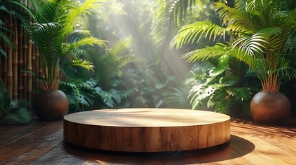 Poster - Generative AI : Natural wood podium with tropical leaves shadow in the background.