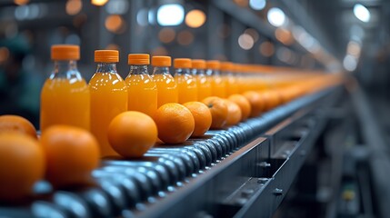 Wall Mural - Generative AI : Orange Juice Bottles transfer on Conveyor Belt System