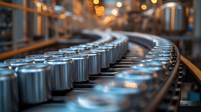 generative ai : empty new aluminum cans for drink process in factory line on conveyor belt machine a