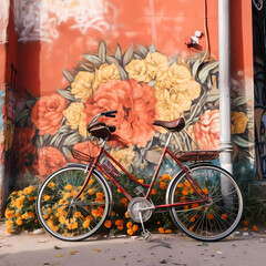 Canvas Print - Vintage bicycle leaning against a graffiti-covered wall