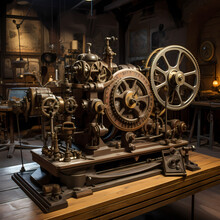 Steampunk-inspired Machinery In A Workshop. 