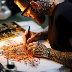 Wall Mural - A close-up of a tattoo artist at work creating intricate designs.