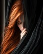woman red hair hiding black blanket wistful bosom elf among impostor veiled long orange looking out window shapeshifter