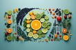 Healthy eating concept with fruits and vegetables on green background. Top view. Healthy food background. Healthy eating, exercising, weight and blood pressure control. Detox.
