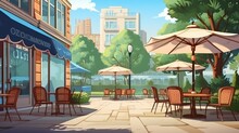 Outdoor Street Cafe In Summer Park Area Cartoon Illustration Outside Restaurant Area With Table Chair And Umbrella Exterior With City Building Landscape Urban Bistro Coffeehouse On Sidewalk Design

