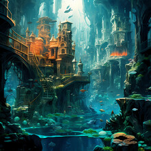 A Surreal Underwater City With Mermaids And Marine Animals