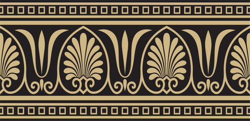 Wall Mural - Vector gold and black seamless classic greek ornament. Endless European pattern. Border, frame Ancient Greece, Roman Empire..