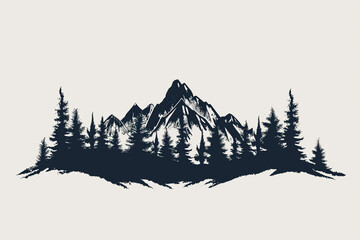 Black silhouette of mountains and forest fir trees camping landscape panorama illustration, isolated on whe background