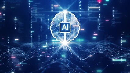 Poster - Artificial Intelligence (AI) technology concept. Big data collection connects with intelligent brains for deep machine learning. Abstract binary code polygons on dark blue background.