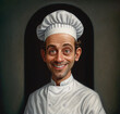 © photowarehouse - A caricature illustration of a chef with light brown eyes, handsome, cute, playful smile, chef's hat, white uniform