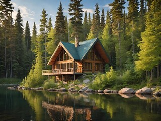 Cozy wooden cabin, nestled among tall pine trees beside a lake. Generative AI.