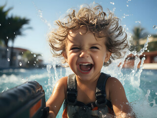 Wall Mural - A child happily plays with his water gun on the beach