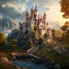 Canvas Print - Enchanting fairytale castle on a hill. 