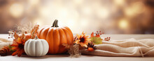 Autumn-Themed Centerpiece Featuring Pumpkins And Dried Flowers On A Warm Backdrop