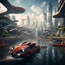 A Futuristic Cityscape With Flying Cars.