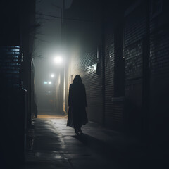 Poster - A mysterious hooded figure in a foggy alley.