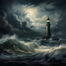 A Solitary Lighthouse Against A Stormy Sea. 