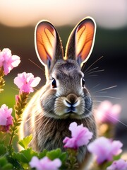 Wall Mural - cute wild brown bunny rabbit in a field of flower