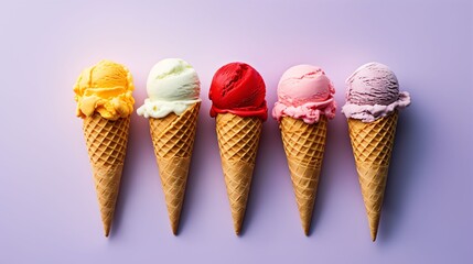 4 ice cream in solid colour background. minimal flat lay design