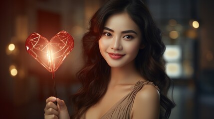 Wall Mural - Valentine's day concept. Beautiful happy Asian woman, looking at the camera, with a glowing bright red heart