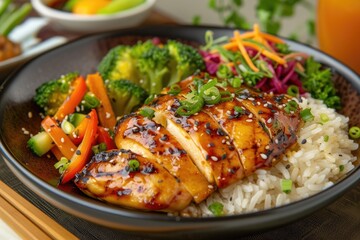 Sticker - Roasted chicken with a side of rice and vegetables. Asian cuisine