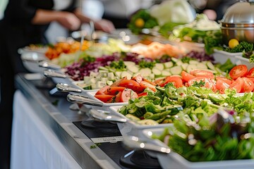 Wall Mural - Catering meals prepared for guests at a wedding or hotel dinner. Healthy salads and other vegetables.