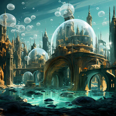 Poster - Underwater city with glass domes.