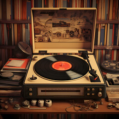 Sticker - Vintage record player with vinyl records.