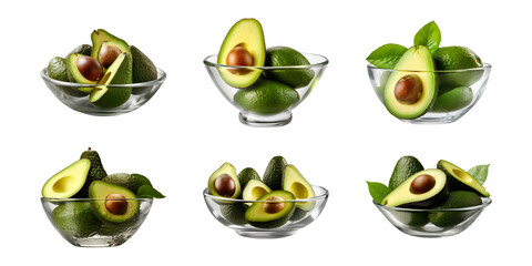 Wall Mural - Collection bowl of whole and cut-in-half avocados isolated on a transparent background