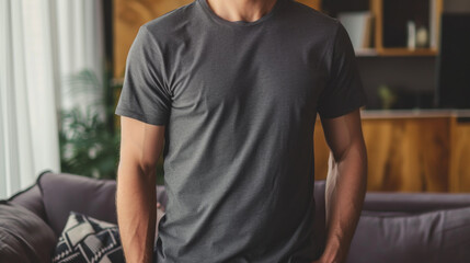 Wall Mural - Blank Gray T- shirt mockup on male model, Empty T-shirt template, Fashion advertising display. Generative AI	