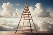 Fibonacci sequence wooden ladder with gold accents reaching up into a cloud-filled sky
