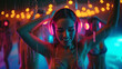 Silent disco pool party with teenager girls at night