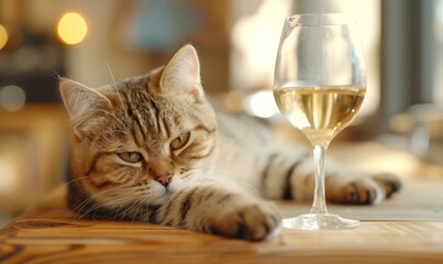 Canvas Print - A cat laying on a table with a glass of wine. Generative AI.