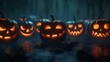 A haunting array of jack-o'-lanterns with sinister glowing faces set in a dark, foggy forest scene for a Halloween night.
