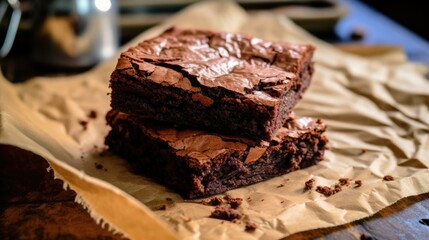 Canvas Print - A tempting stack of fudgy brownies on parchment paper. Generative AI.