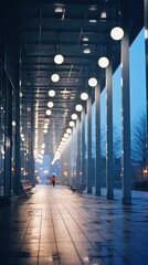 Canvas Print - A long station hallway with lights and a person walking. Generative AI.