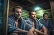 bathhouse. three young men sitting and sweating in wooden sauna with hot steam. Males with bath besoms resting on bench in spa complex. Wellness, beauty of the male body, self care, healthy concept.