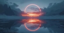 Half Circle In Red Clouds A Setting Sun Wallpaper With A Lake View A Beautiful Landscape, Generative AI.
