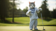 Cat In Golf Attire Holding A Golf Club On The Golf Course. Generative AI.