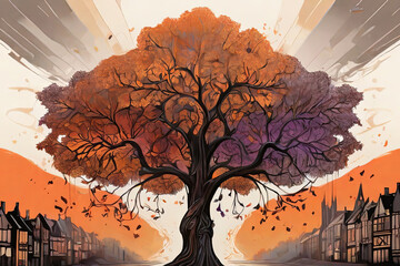 Wall Mural - Explore the mysterious charm of a gothic town with a vividly colored tree, bathed in dark orange and light bronze hues. A captivating and atmospheric illustration.