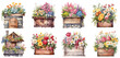 Set of watercolor vintage floral flower box Sticker, Clipart, PNG, generated ai.