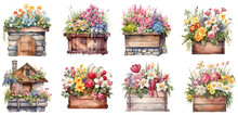 Set Of Watercolor Vintage Floral Flower Box Sticker, Clipart, PNG, Generated Ai.