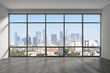 © VideoFlow - Downtown Los Angeles City Skyline Buildings from High Rise Window. Beautiful Expensive Real Estate overlooking. Epmty room Interior Skyscrapers View Cityscape. day time. California. 3d rendering.