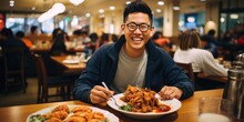 Happy Asian Mature Man Eating Dinner. Ai Generated