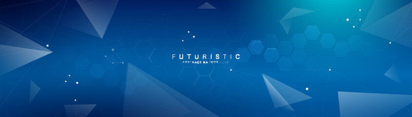 Abstract blue geometric hexagon, triangle, and line connection background. Futuristic digital hi-technology connection concept. Vector banner