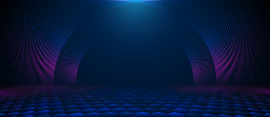 Wall Mural - Abstract technology concept in empty theatre stage. Empty stage with neon lighting. Modern minimal lines pattern