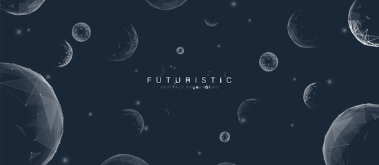 Fototapete - Abstract white Spheres in a dark background. Abstract planet in space. Abstract molecule. Low poly wireframe, lines. Illustration vector