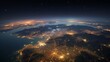 Aerial nighttime view of sprawling city lights with mountains and coastlines under a starry sky.