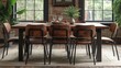 Salle à manger moderne : table en bois, chaises design, mur en briques, lumière naturelle